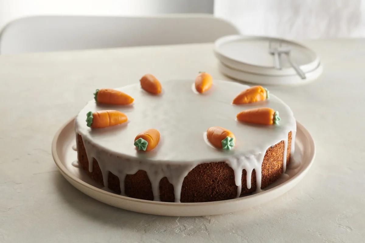 Gâteau aux carottes de la catégorie . Méthode de préparation cuire. Le plat terminé est joliment présenté et photographié en vue aérienne (photographie alimentaire). Suggestion de présentation, recette originale de Croqu'menus, tirée du livre de cuisine le plus connu de Suisse