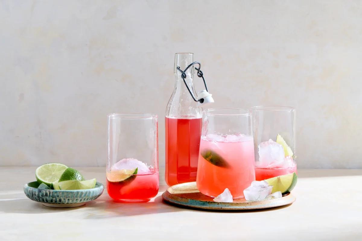 Boisson à la rhubarbe et au citron vert aus der Kategorie Getränke. Das fertige Gericht schön angerichtet und fotografiert aus Vogelperspektive (Food Fotografie). Serviervorschlag, Original Tiptopf Rezept, aus dem bekanntesten Kochbuch der Schweiz